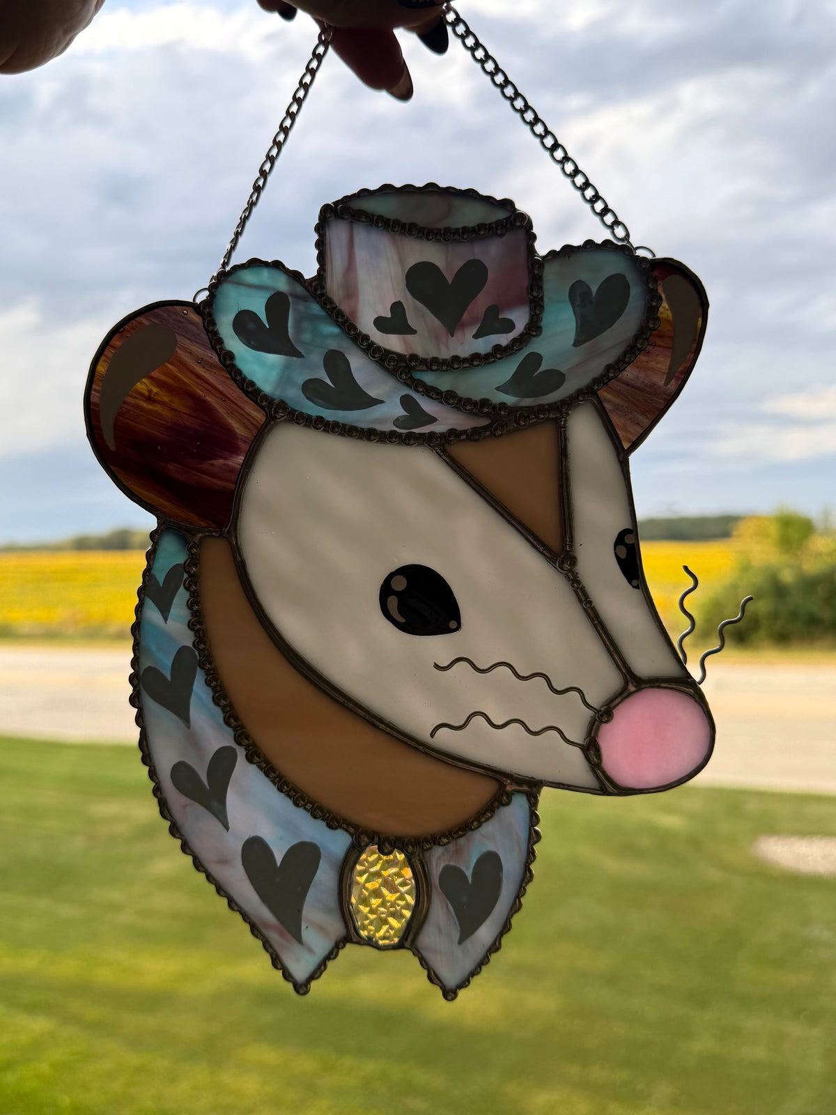 Baby Blue Pony Opossum Stained Glass Suncatcher
