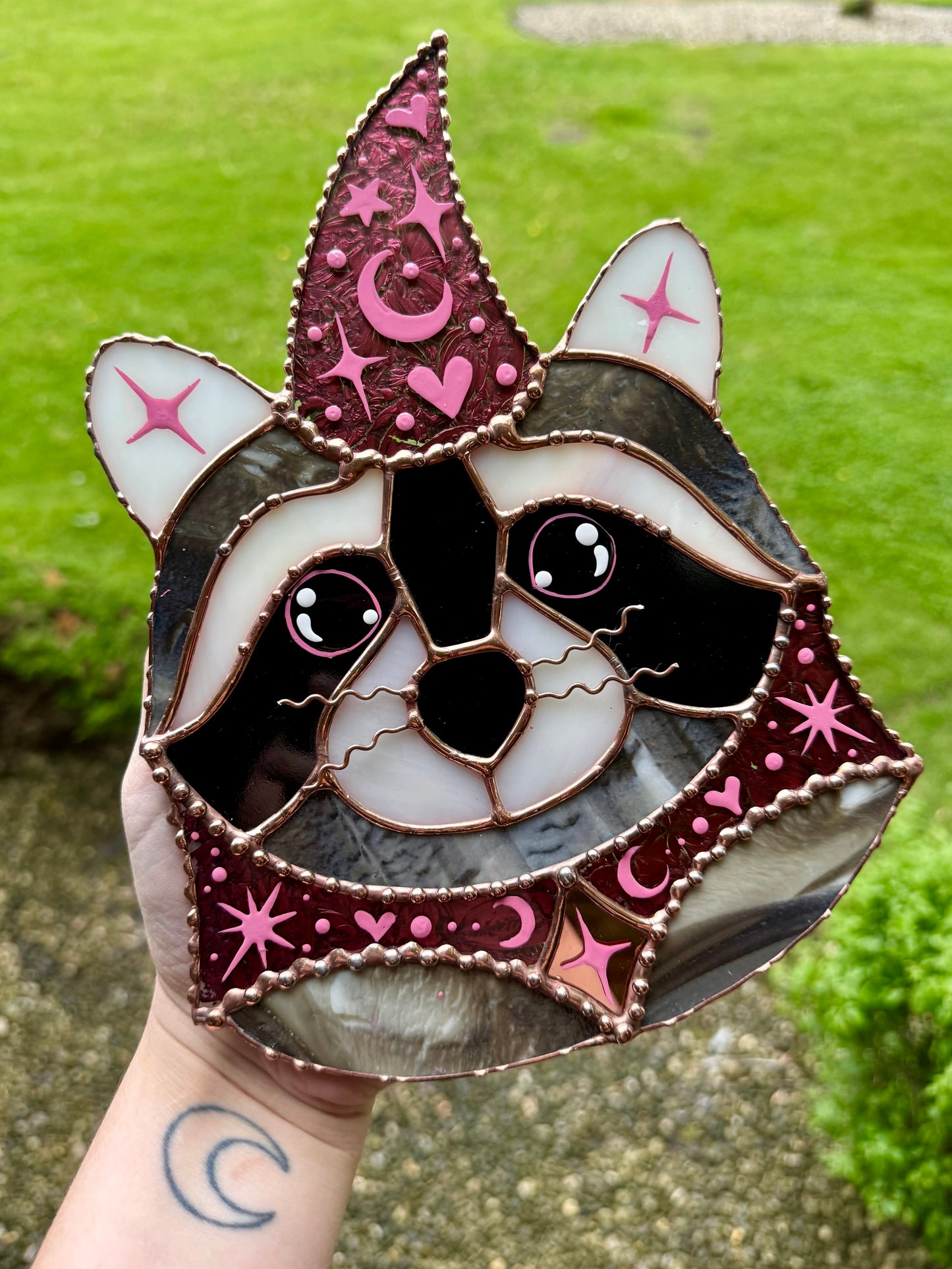 Pink Wizard Raccoon Stained Glass Suncatcher