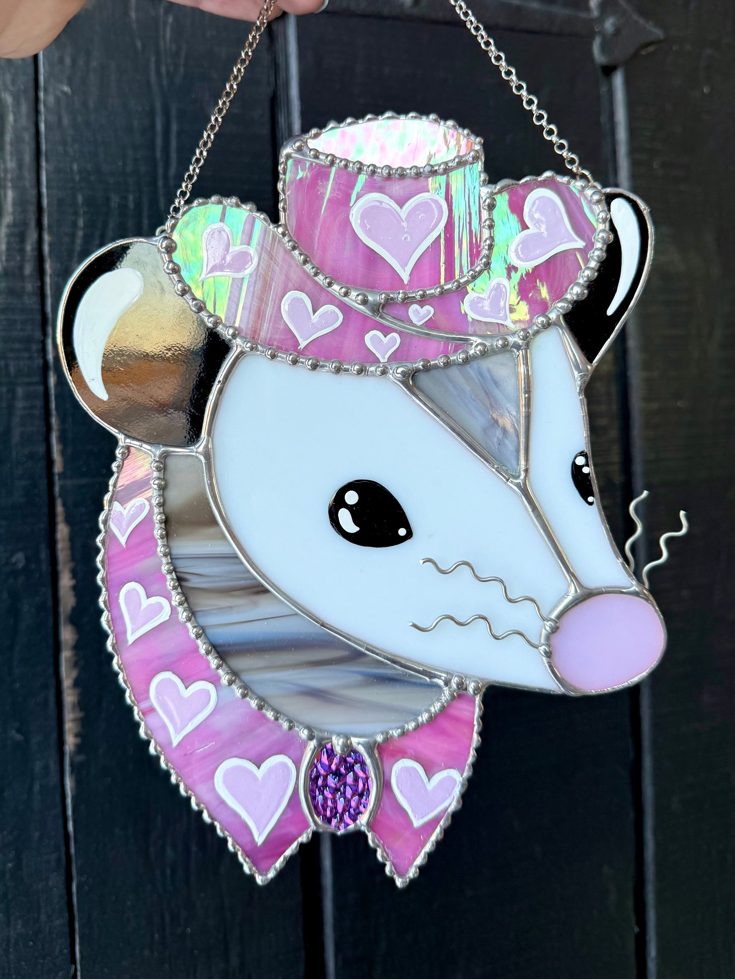 Iridescent Pink Pony Cowboy Opossum Stained Glass