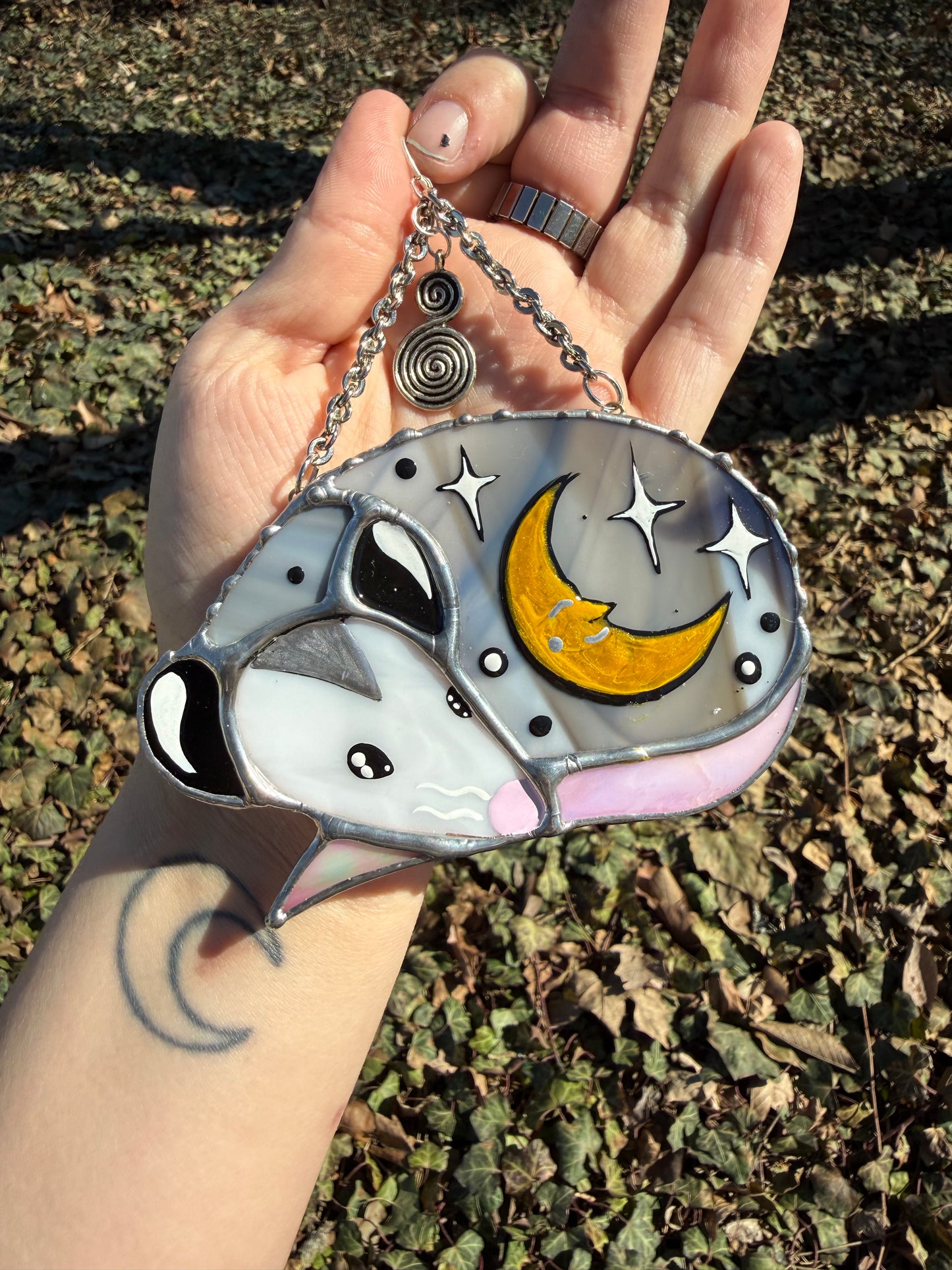 Sleepy Silver Moon Opossum Stained Glass Mini