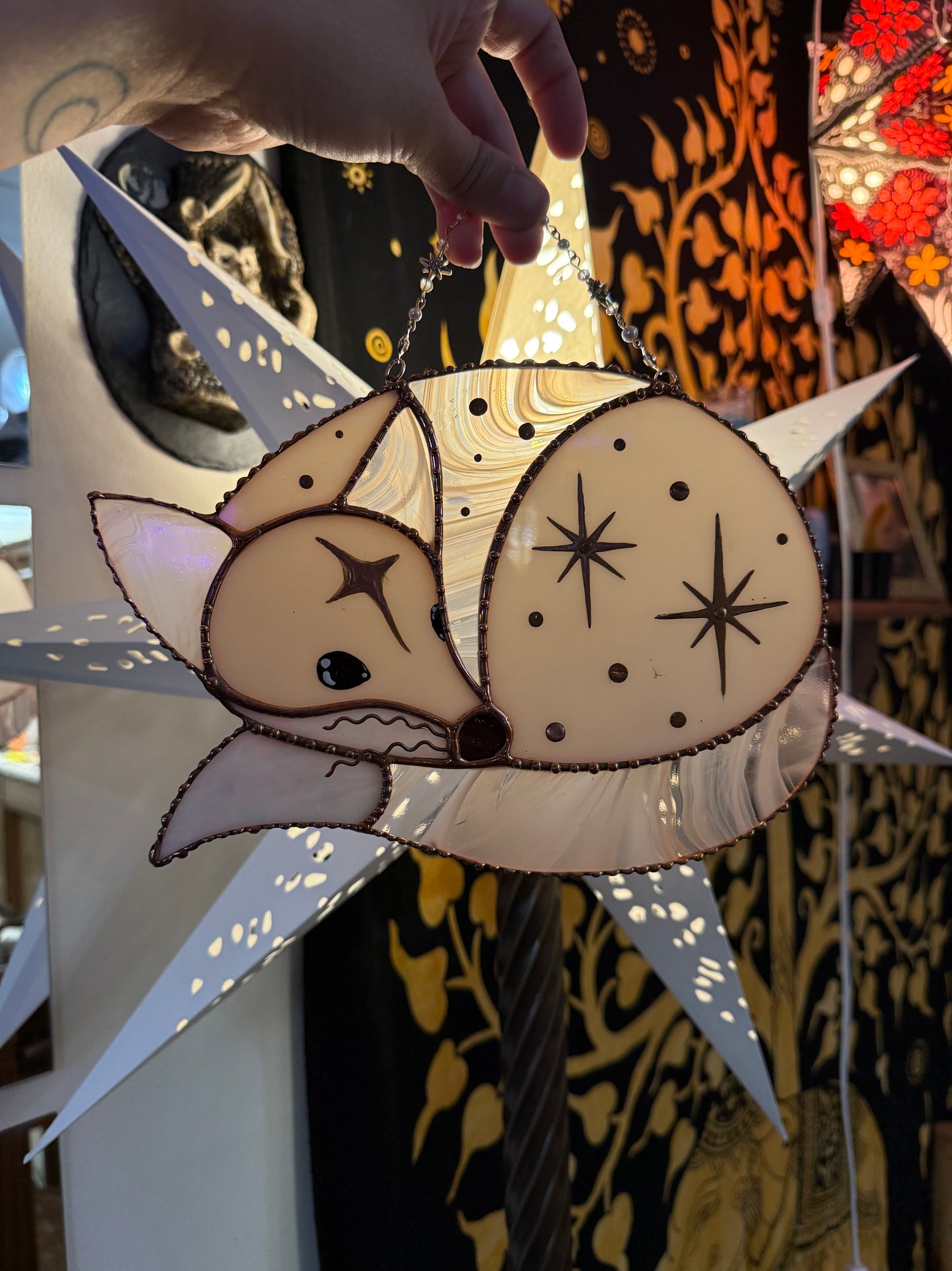 Large Celestial Pink Fox Stained Glass Suncatcher