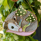 Enchanted Green Mushroom Opossum Stained Glass Suncatcher