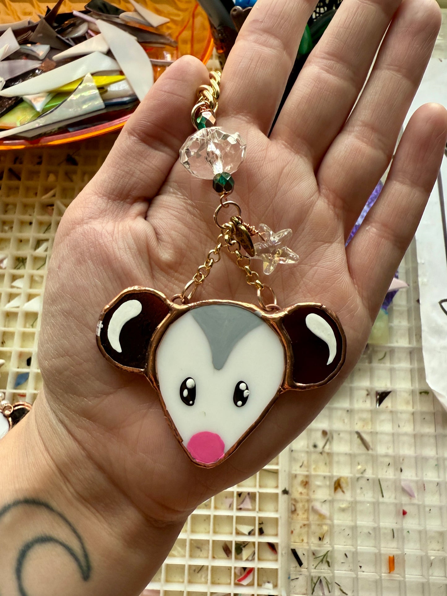 Crystal Opossum Stained Glass Charm