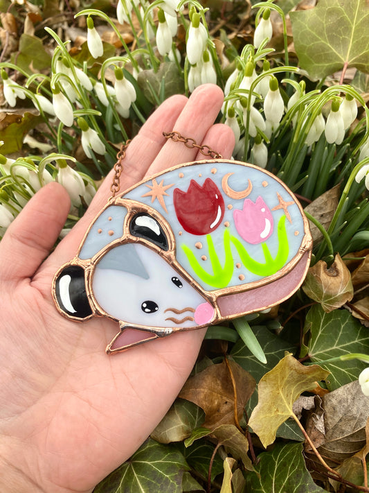 Sleepy Red and Pink Tulip Opossum Mini Stained Glass Suncatcher