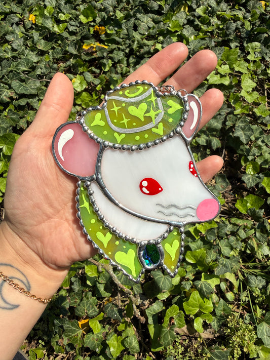 Mini Green Cowboy Mouse Stained Glass Suncatcher