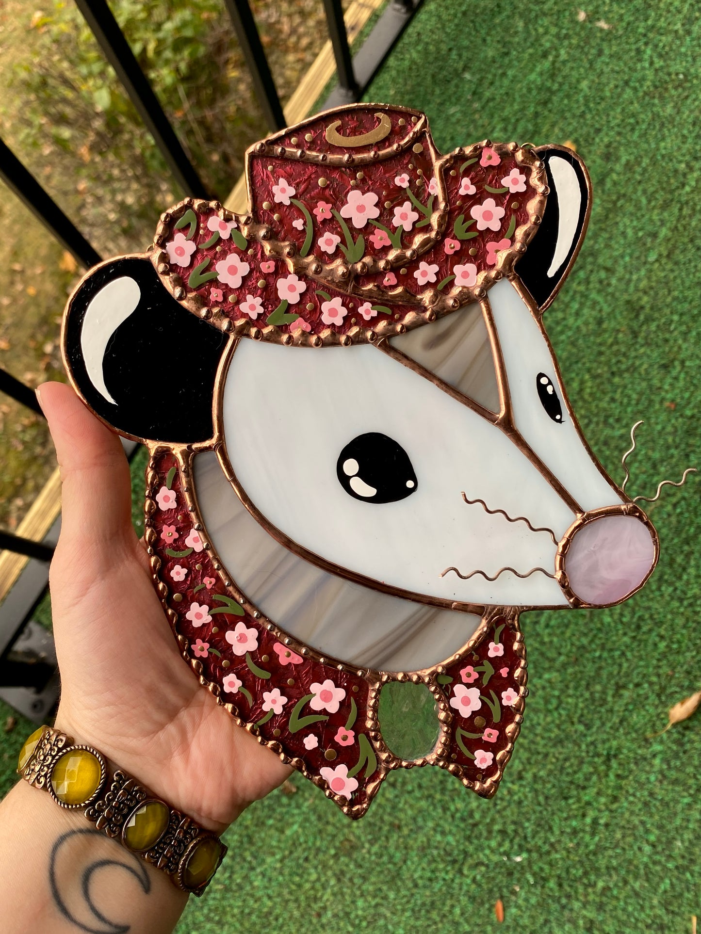 Ornate Floral Cowboy Opossum Stained Glass Opossum