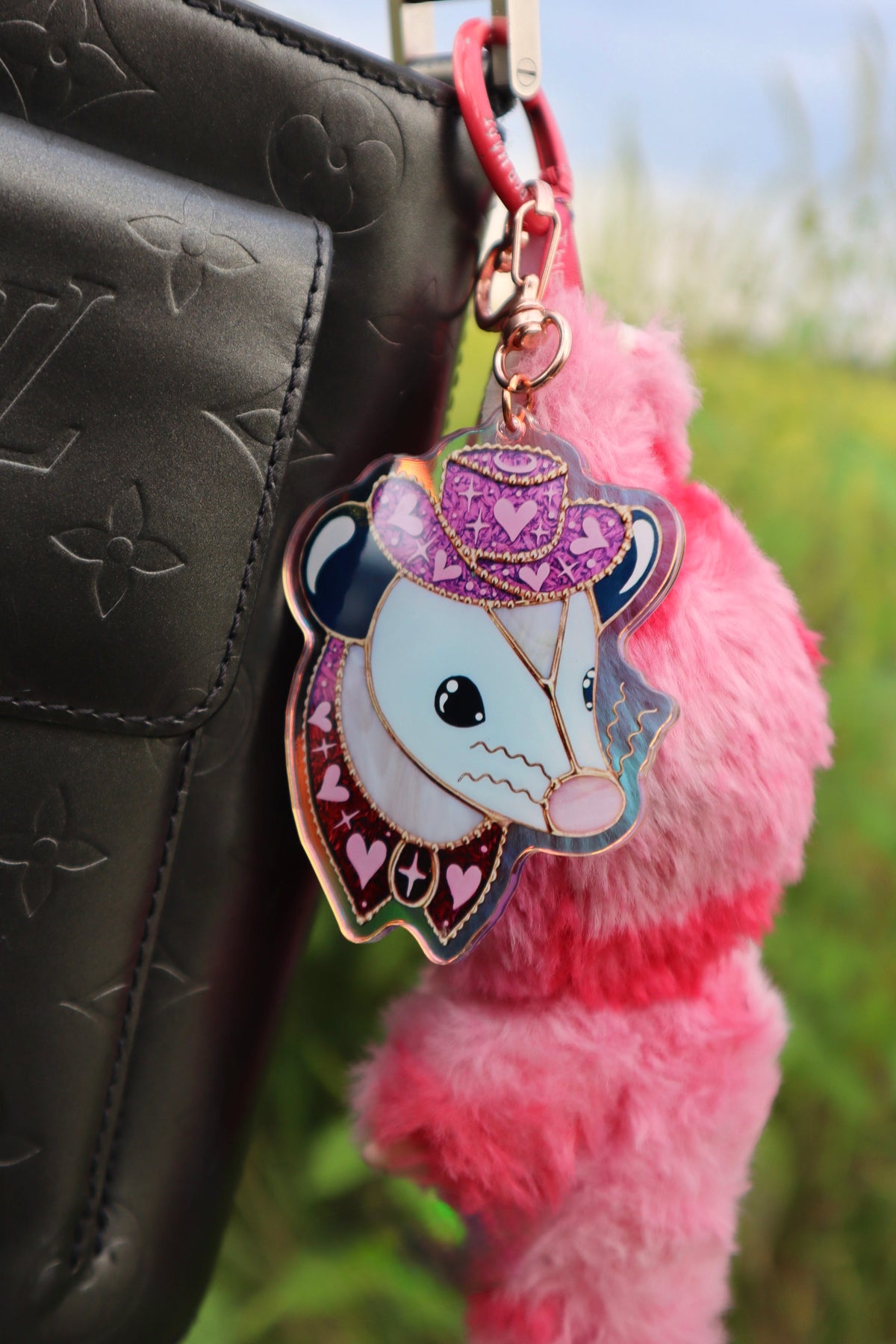 Gold Pink Pony Opossum Holographic Acrylic Bag Charm
