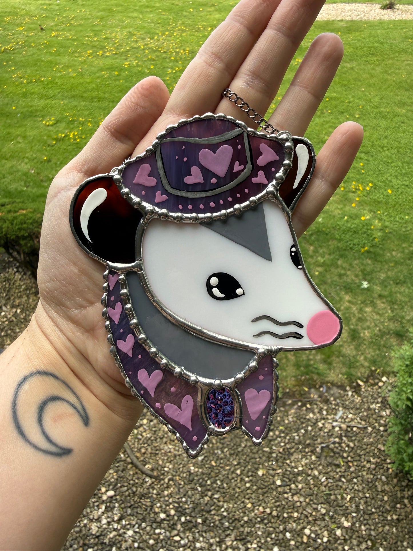 Purple Hearts Cowboy Opossum Stained Glass Suncatcher