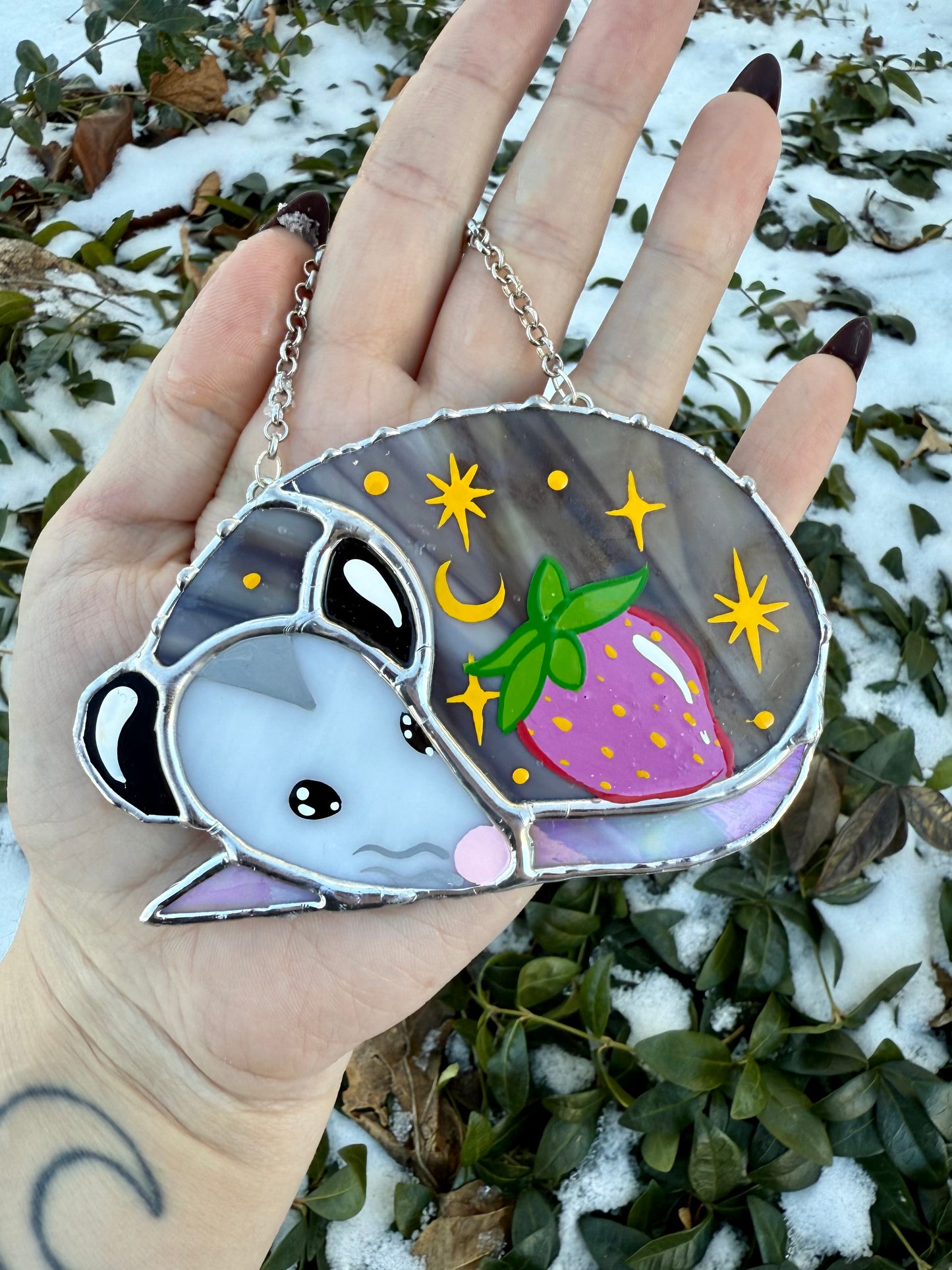 Sleepy Pink Strawberry Opossum Stained Glass Ornament