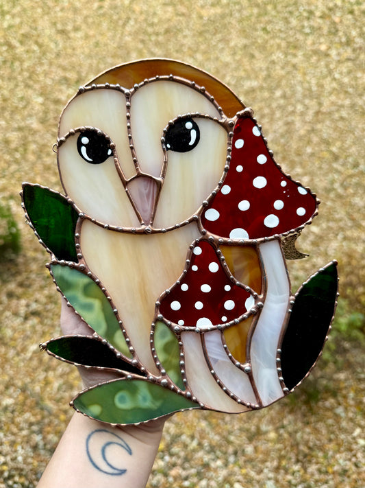 Red Mushroom Owl Stained Glass Suncatcher