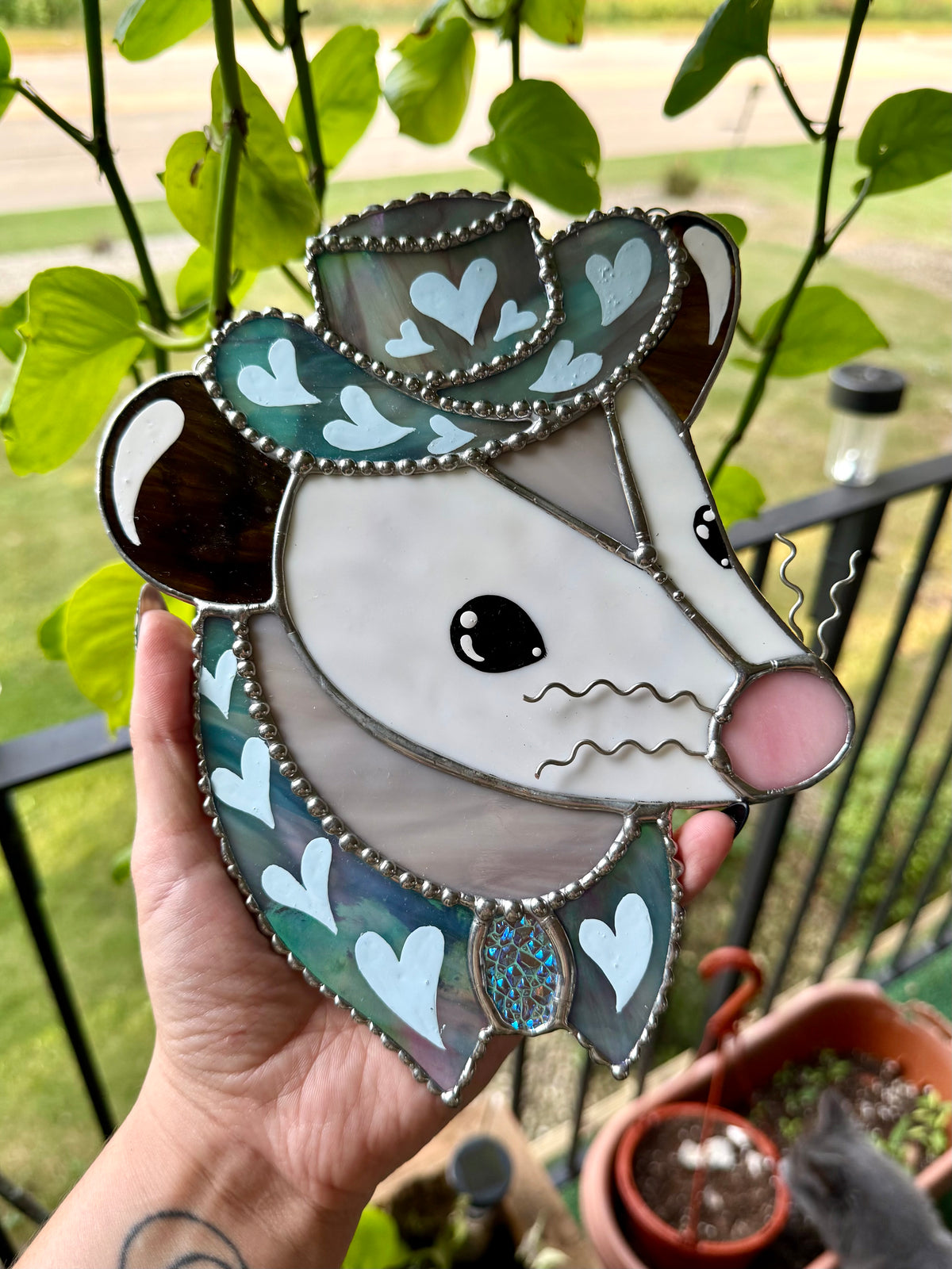Baby Blue Pony Opossum Stained Glass Suncatcher