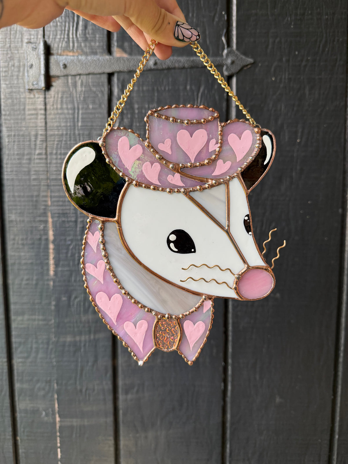 Pink Pony Opossum Stained Glass Suncatcher
