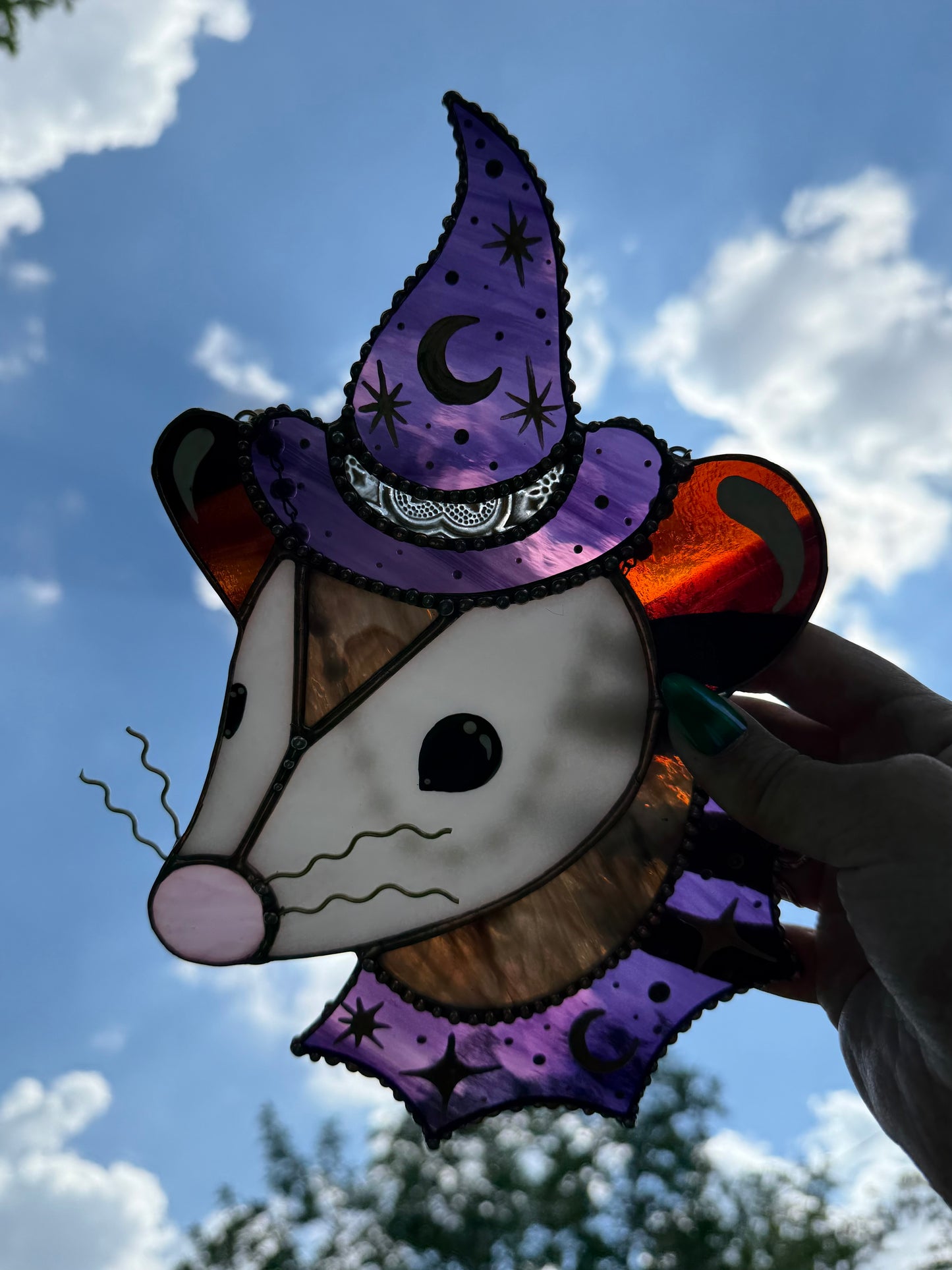 Deep Purple Witch Opossum Stained Glass Suncatcher