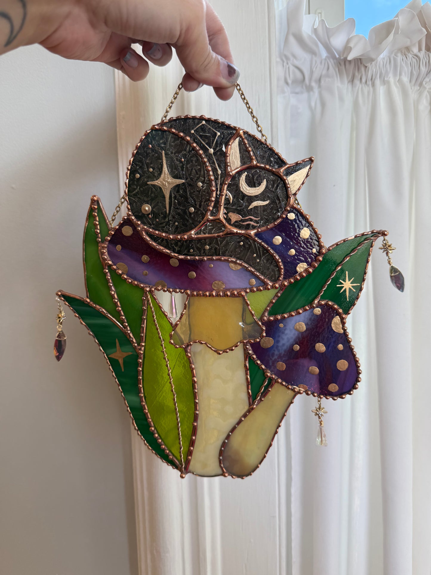 Large Mushroom Cat Stained Glass Suncatcher