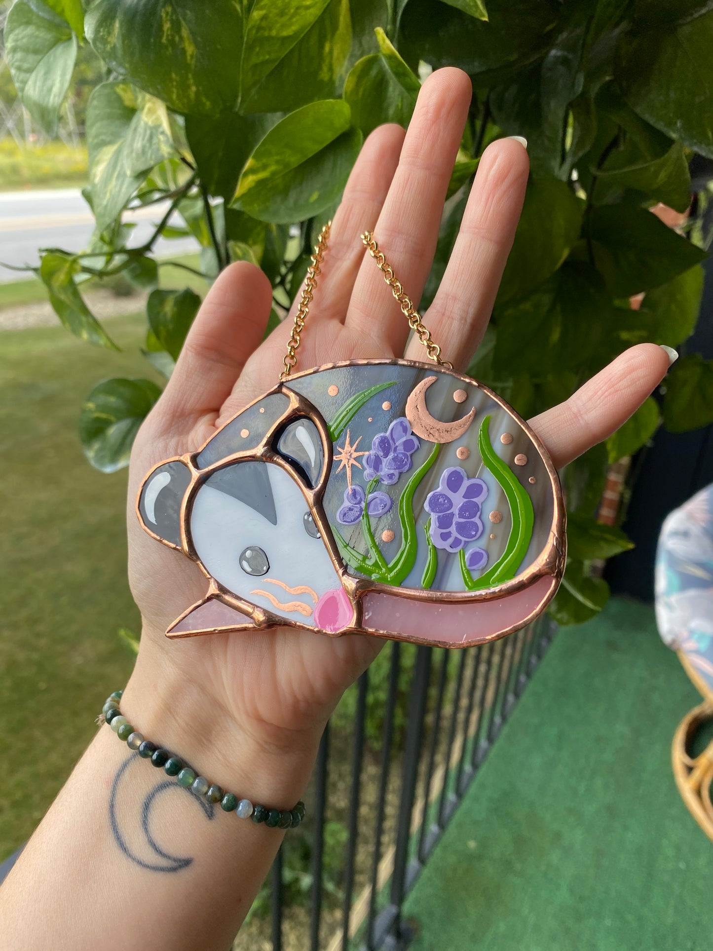 Sleepy Lavender Opossum Stained Glass Ornament