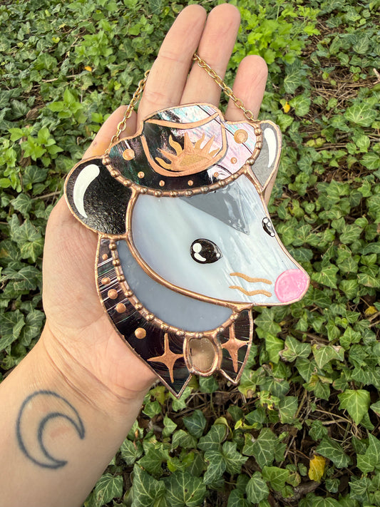 Mini Black Iridescent Cowboy Opossum Mini Stained Glass Suncatcher