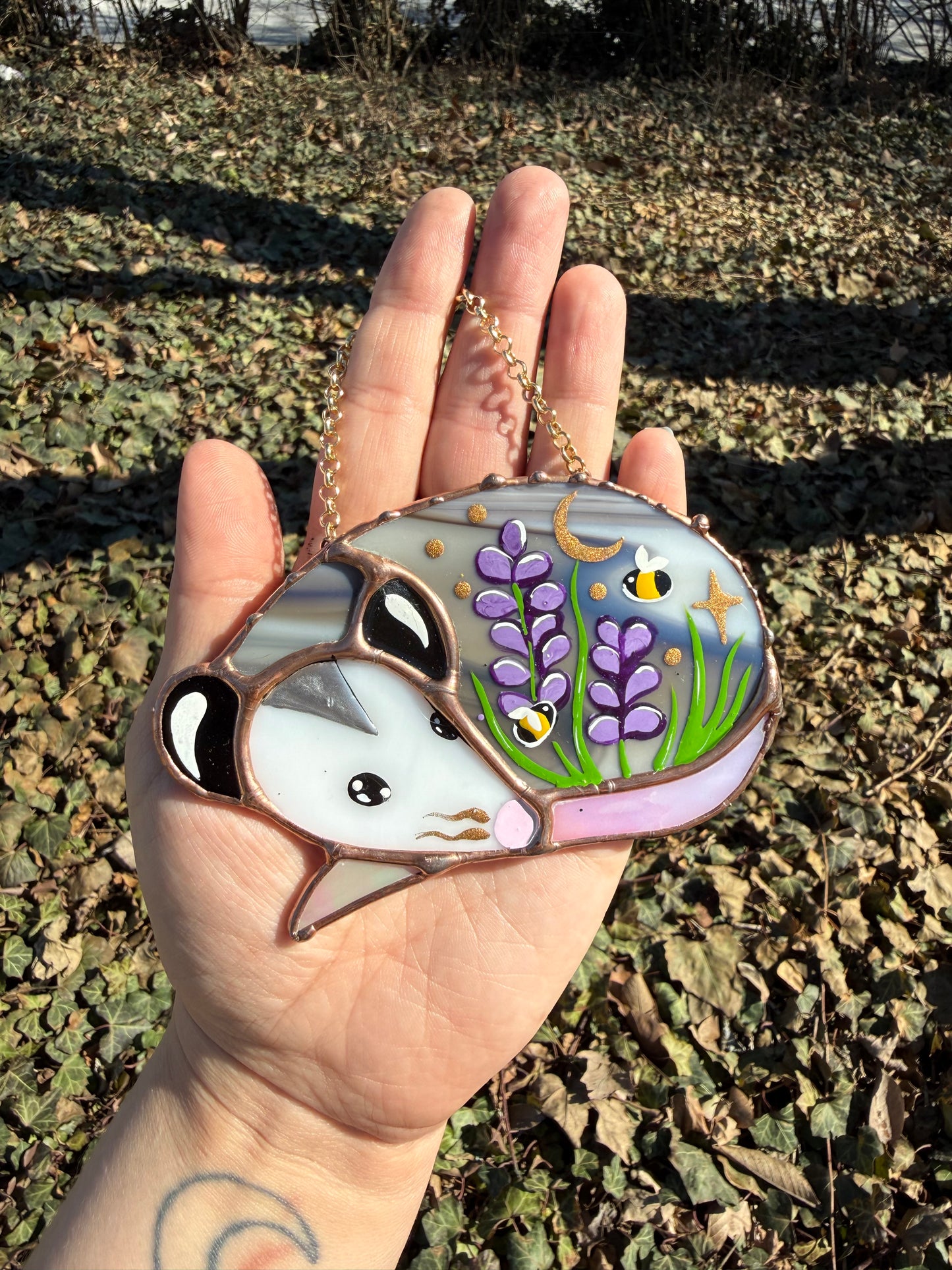 Sleepy Lavender Opossum Stained Glass Mini