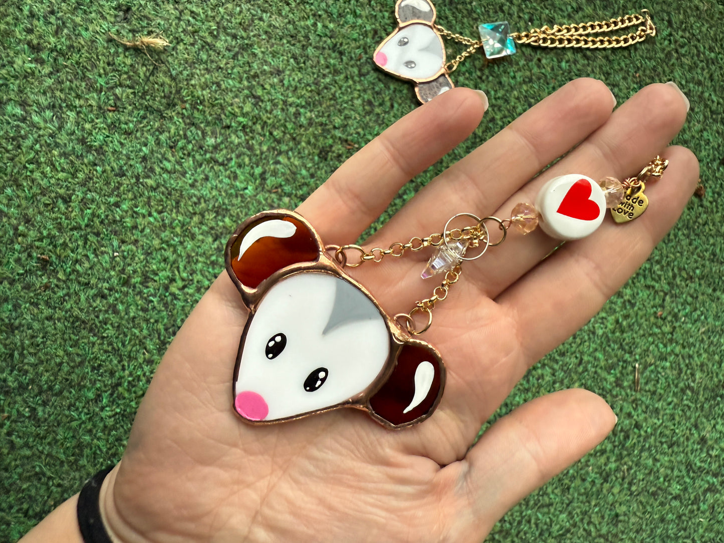 Heart Opossum Stained Glass Charm