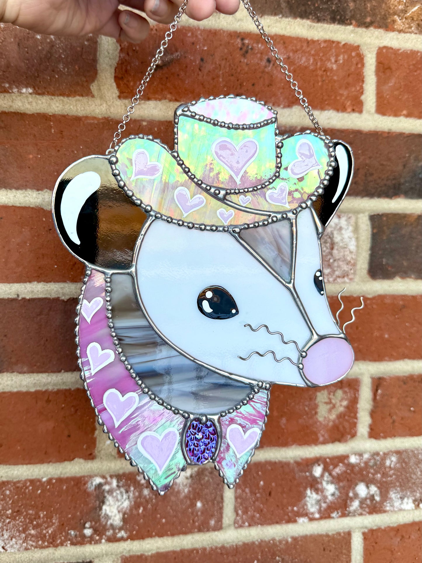 Iridescent Pink Pony Cowboy Opossum Stained Glass