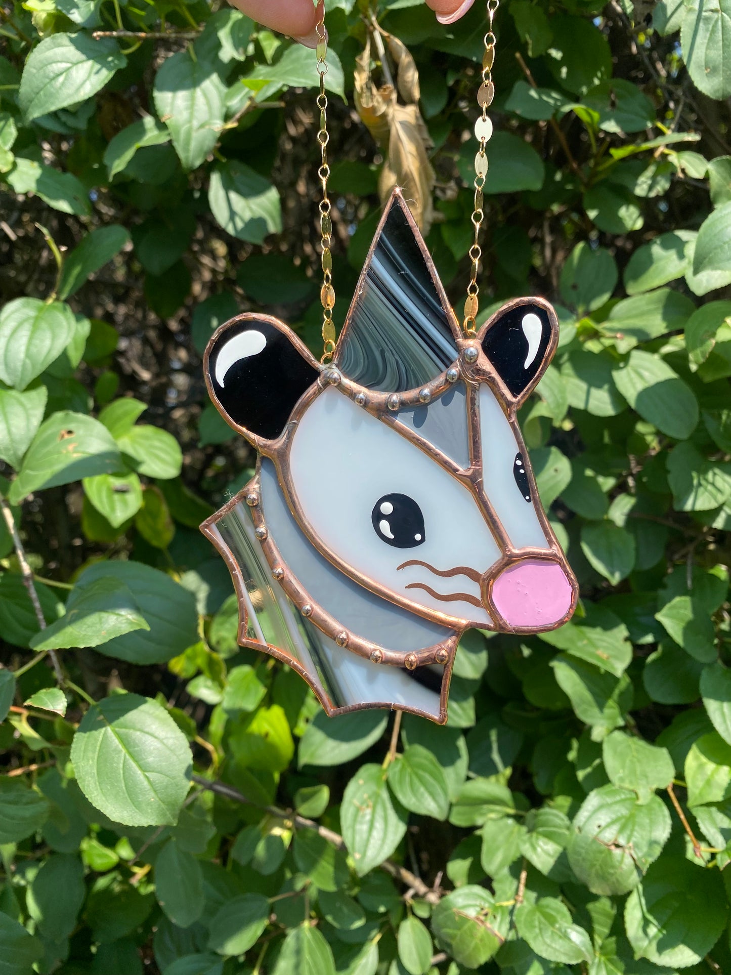 Mini Black and White Wizard Opossum Stained Glass Ornament