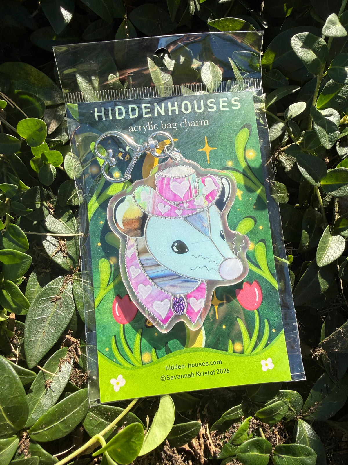Silver Pink Pony Opossum Holographic Acrylic Bag Charm