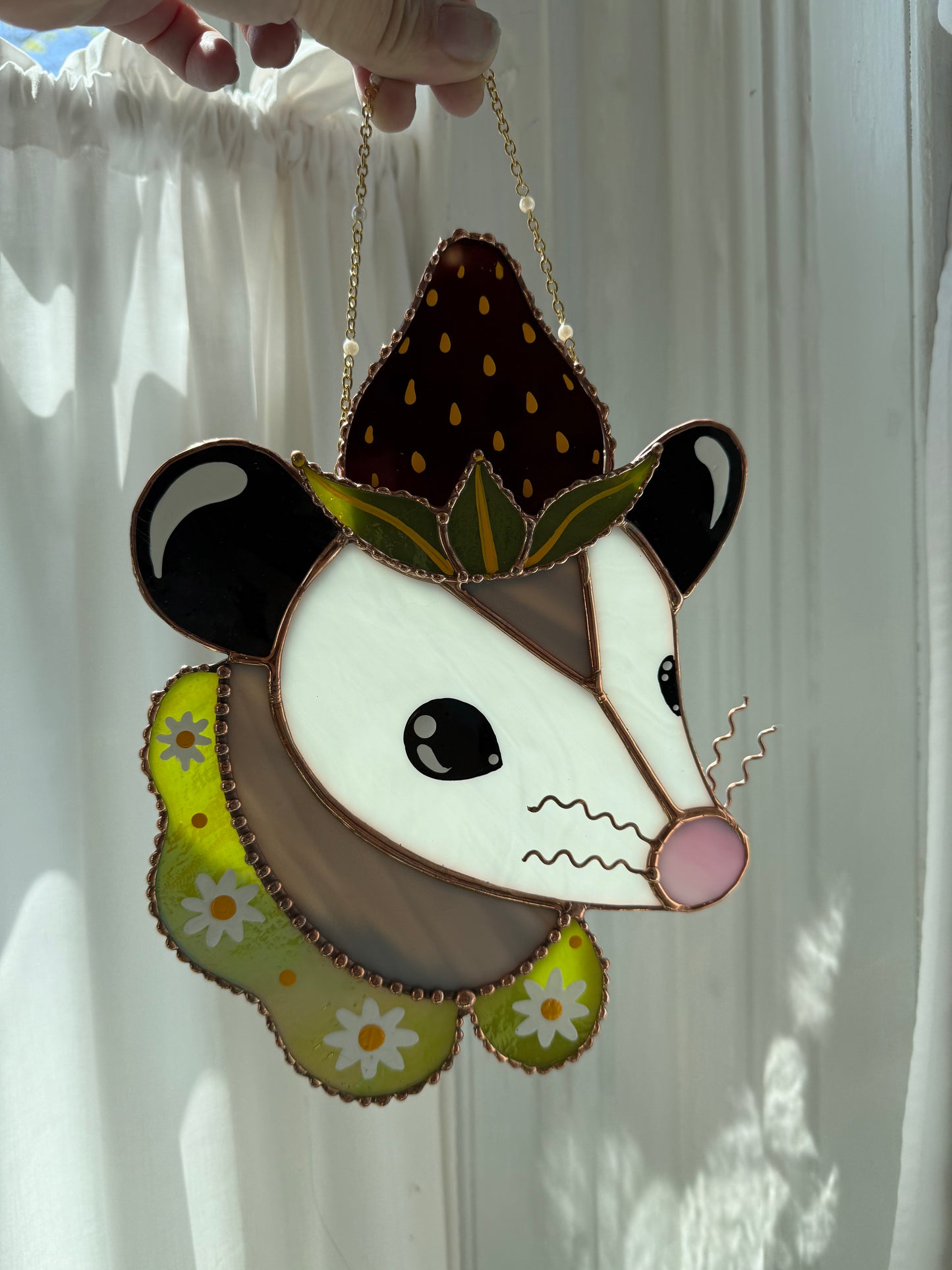 Strawberry Opossum Stained Glass Suncatcher