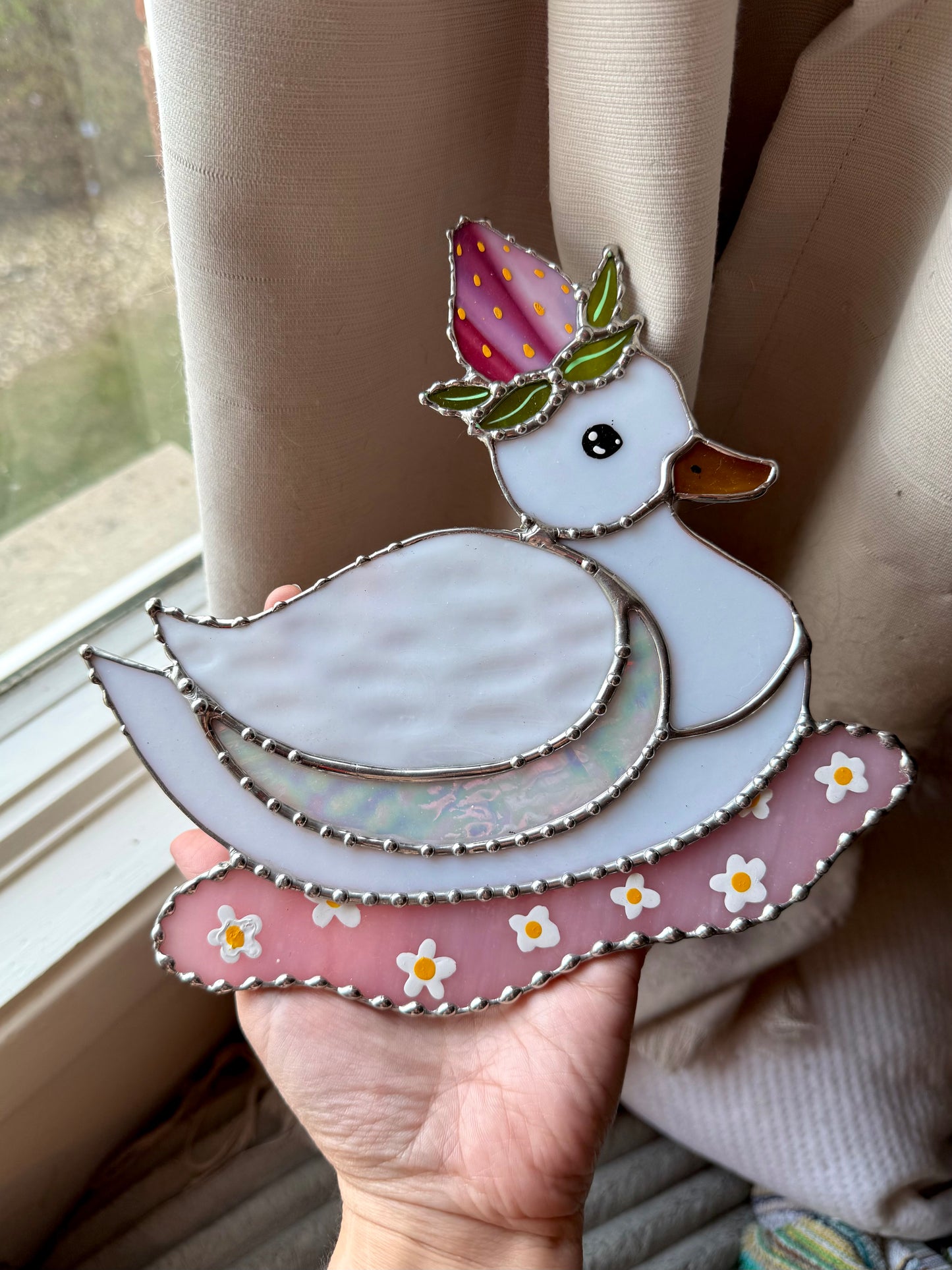 Pink Iridescent Strawberry Duck Stained Glass Suncatcher