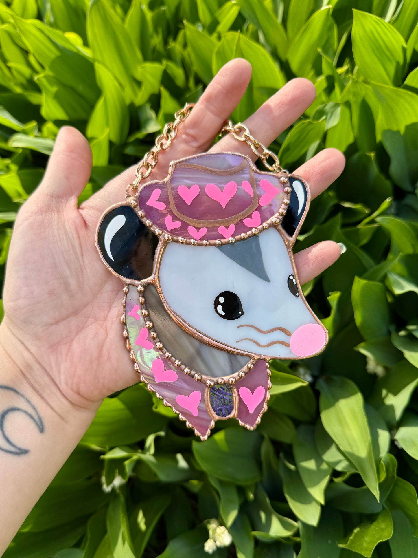 Mini Pink Cowboy Opossum Stained Glass Ornament