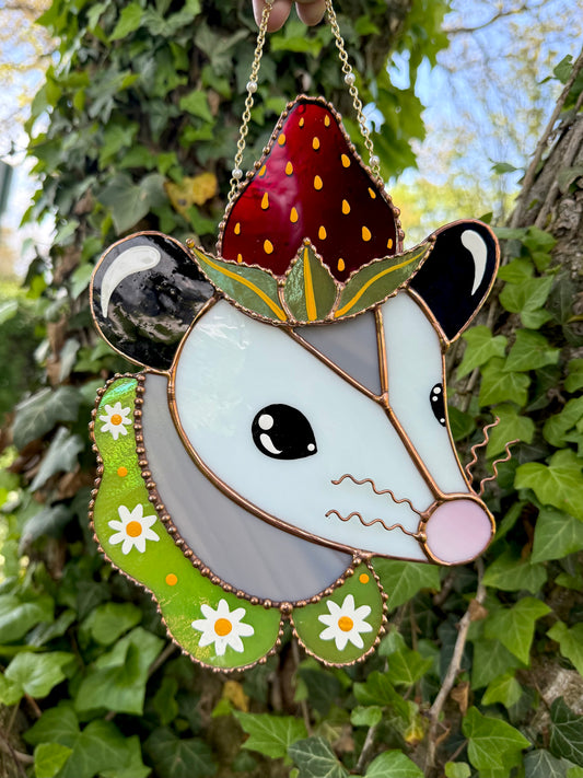 Strawberry Opossum Stained Glass Suncatcher