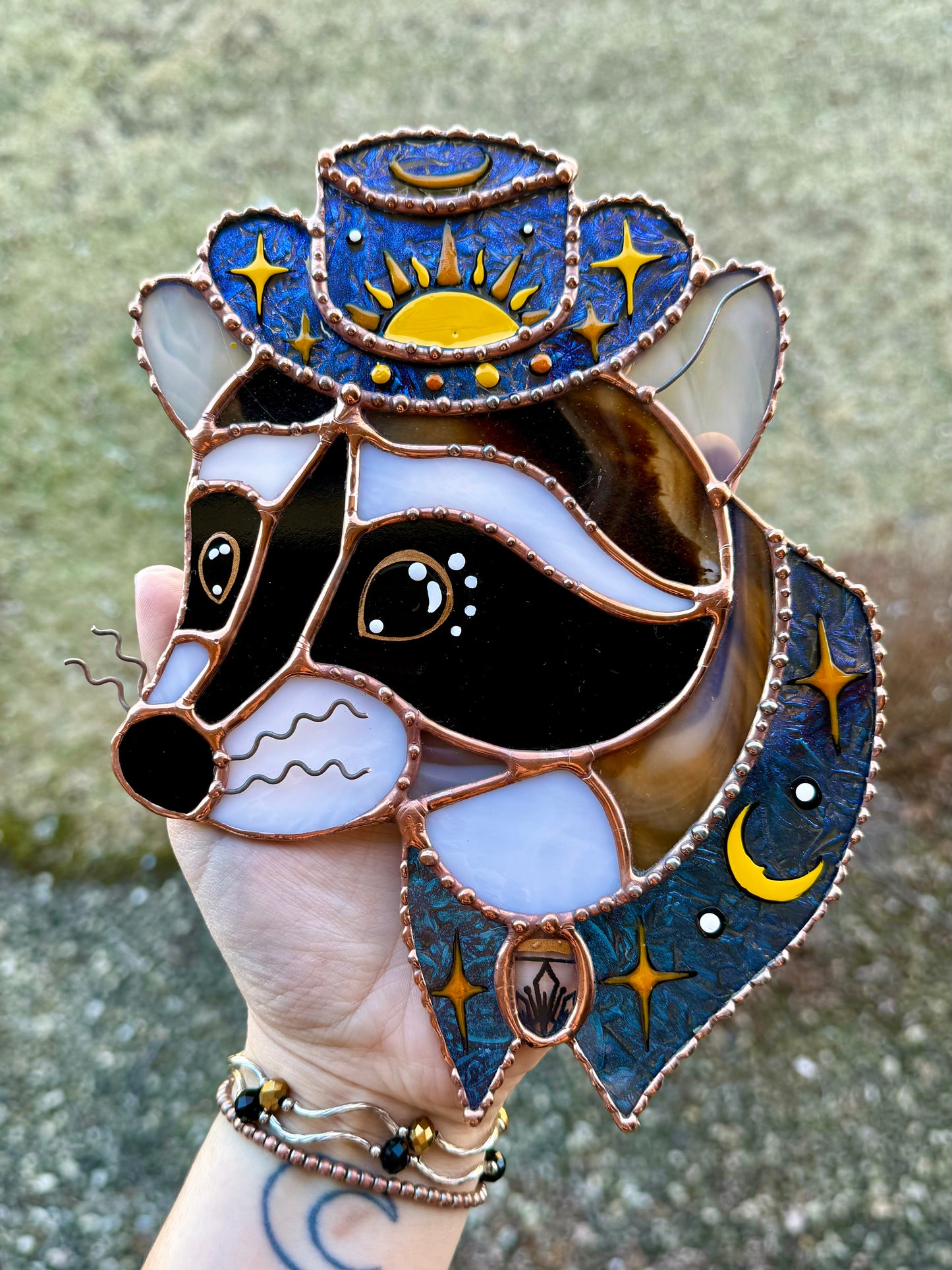 Blue Whimsy Cowboy Raccoon Stained Glass Artwork