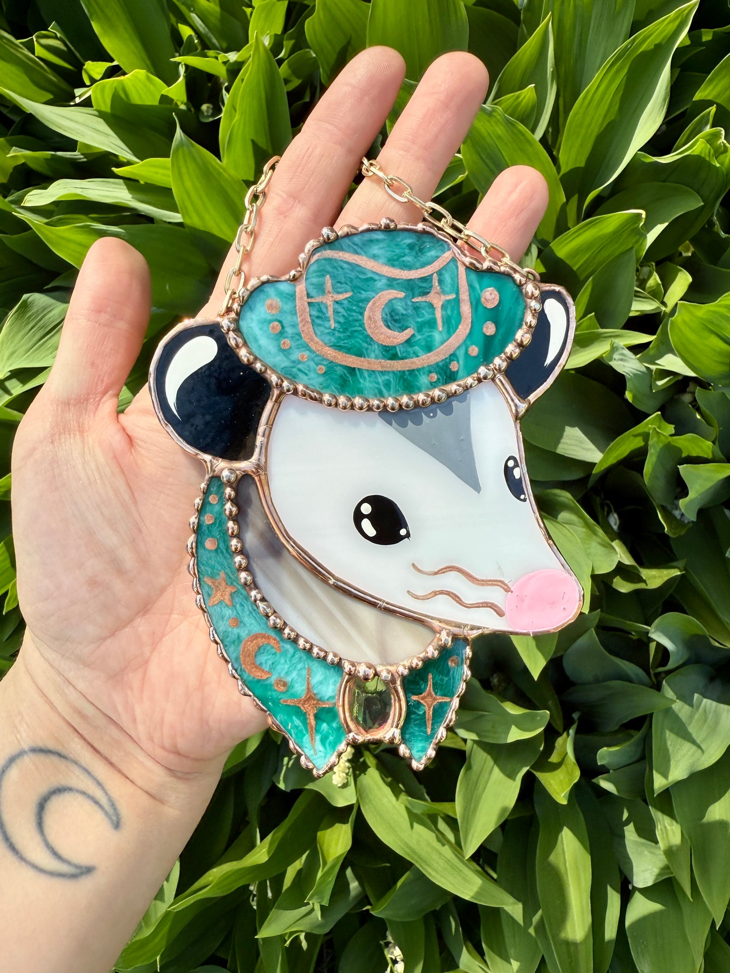 Mini Teal Cowboy Opossum Stained Glass Ornament