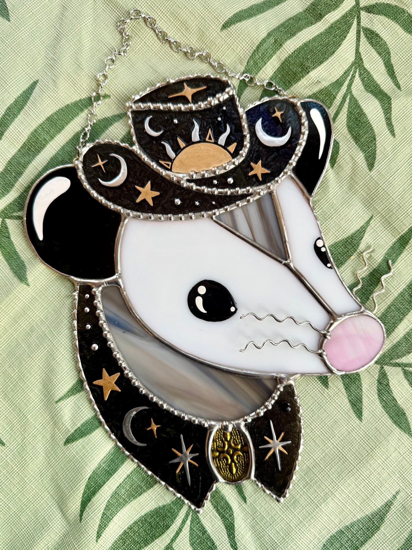 Mixed Metal Celestial Opossum Stained Glass Suncatcher