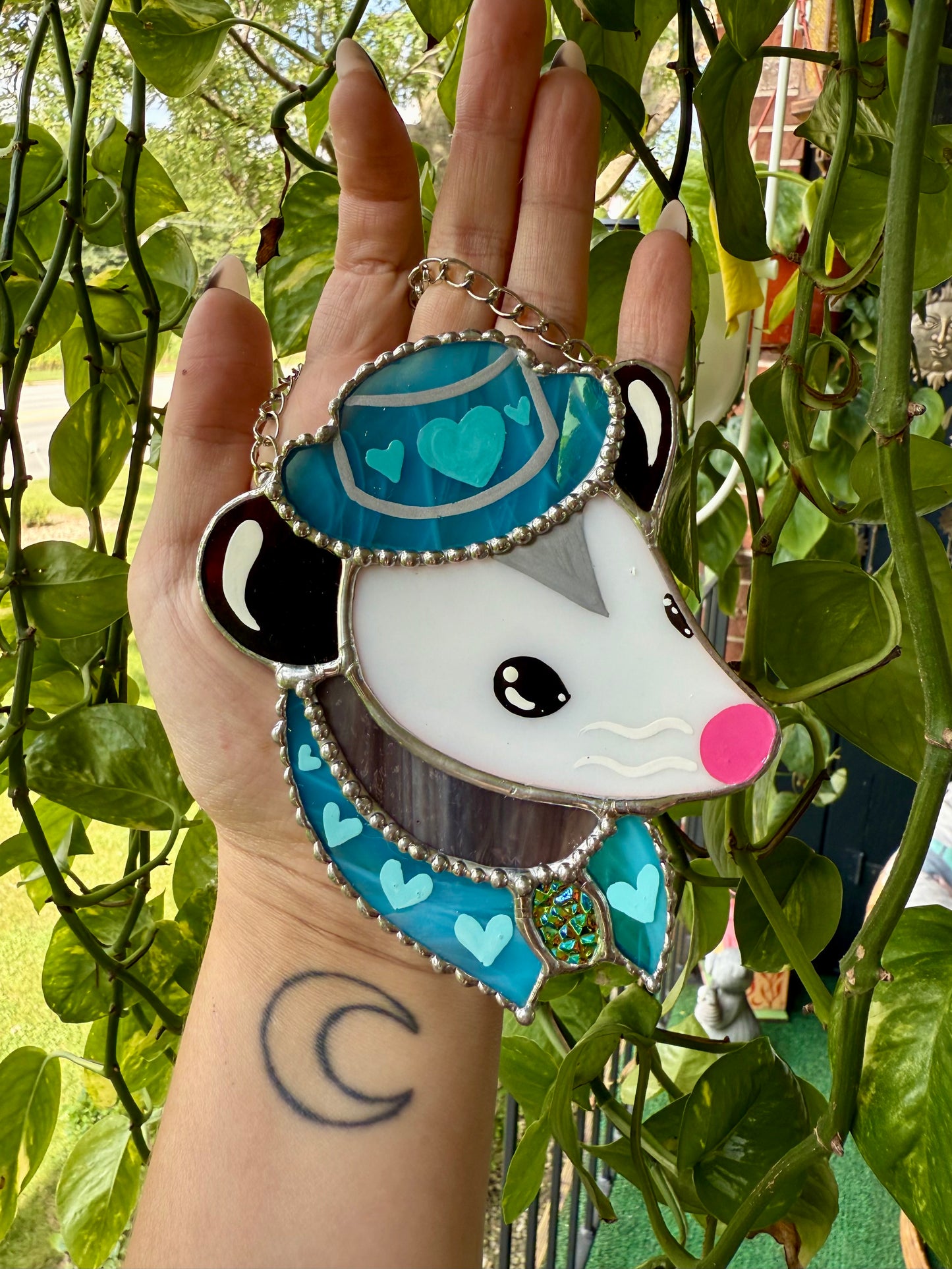 Mini Blue Heart Cowboy Opossum Stained Glass