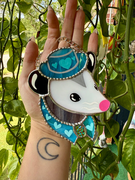 Mini Blue Heart Cowboy Opossum Stained Glass