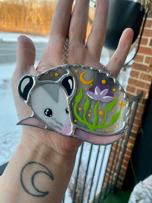 Purple Flower Opossum Stained Glass Ornament