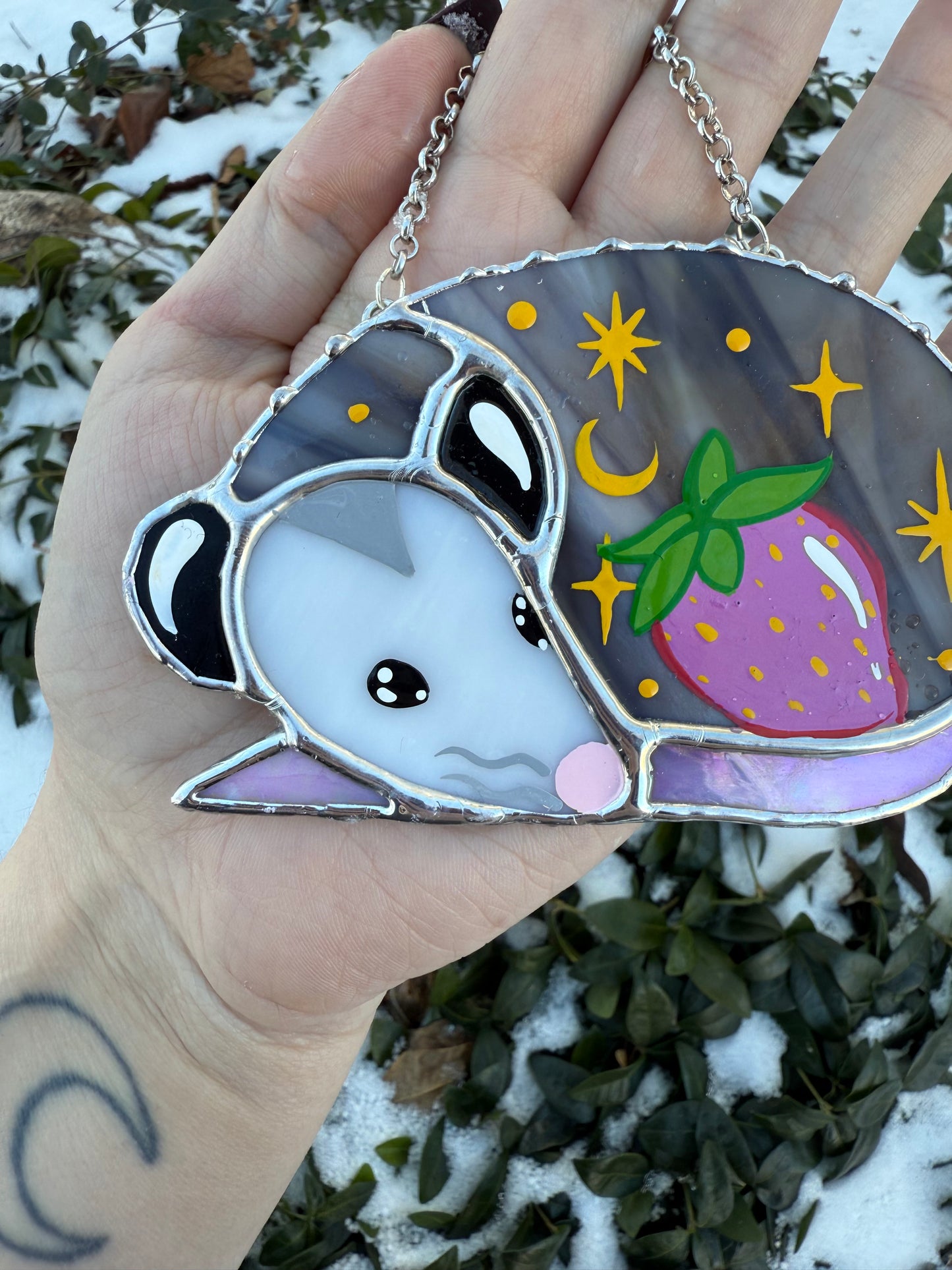 Sleepy Pink Strawberry Opossum Stained Glass Ornament