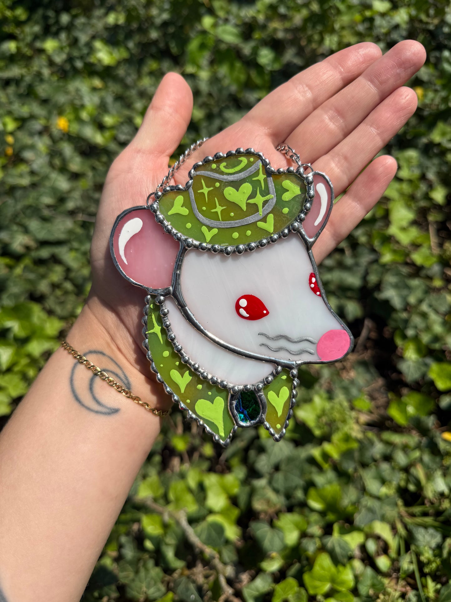 Mini Green Cowboy Mouse Stained Glass Suncatcher