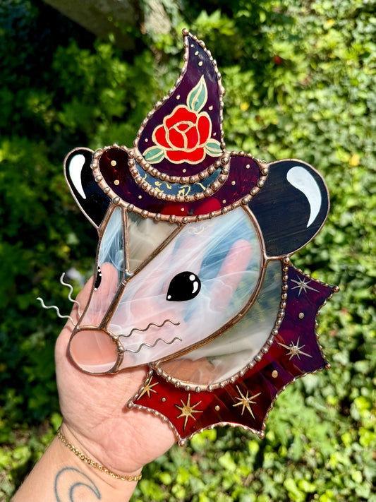 Rose Witch Opossum Stained Glass Suncatcher