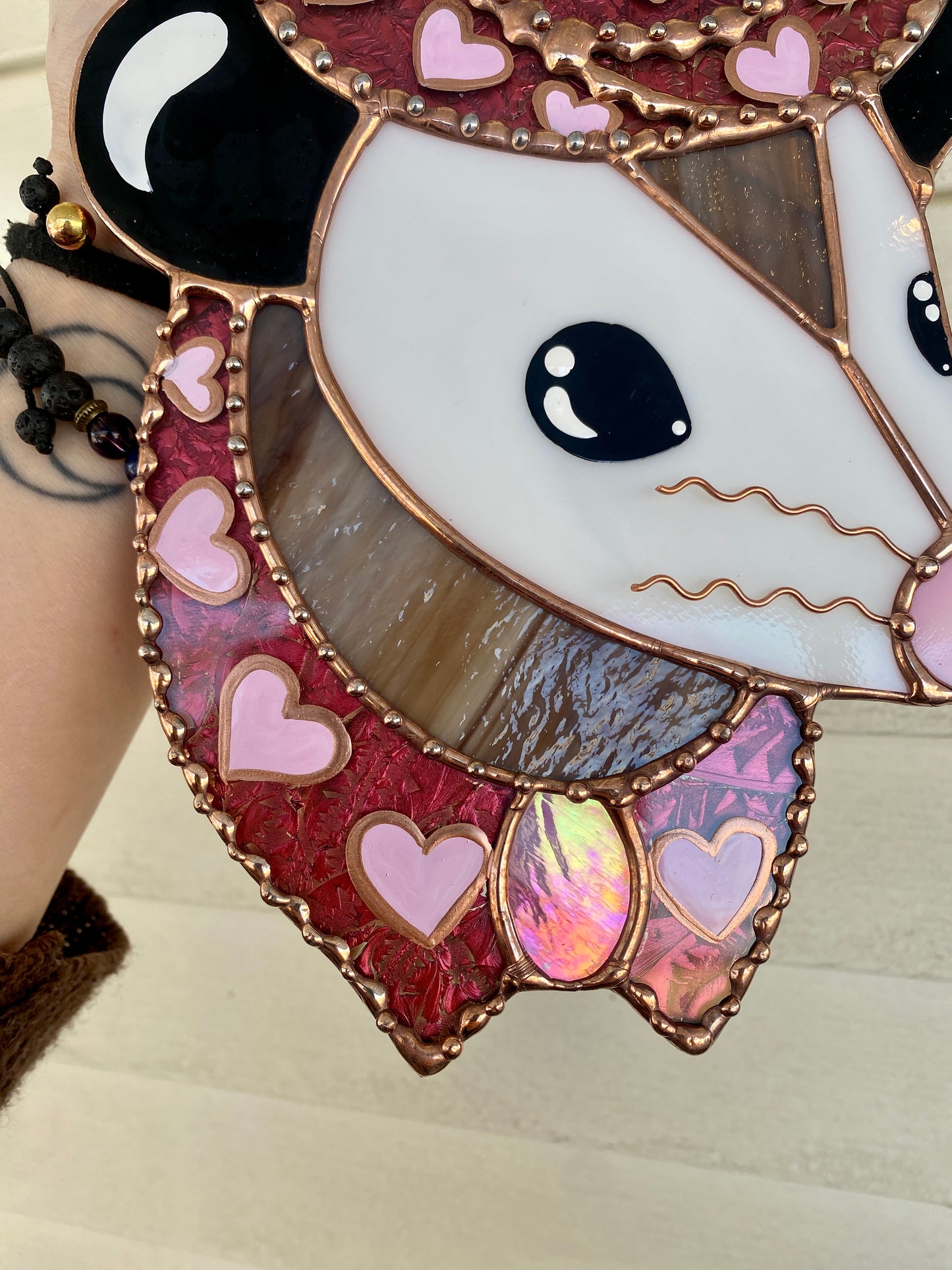 Pink Pony Opossum Stained Glass Suncatcher