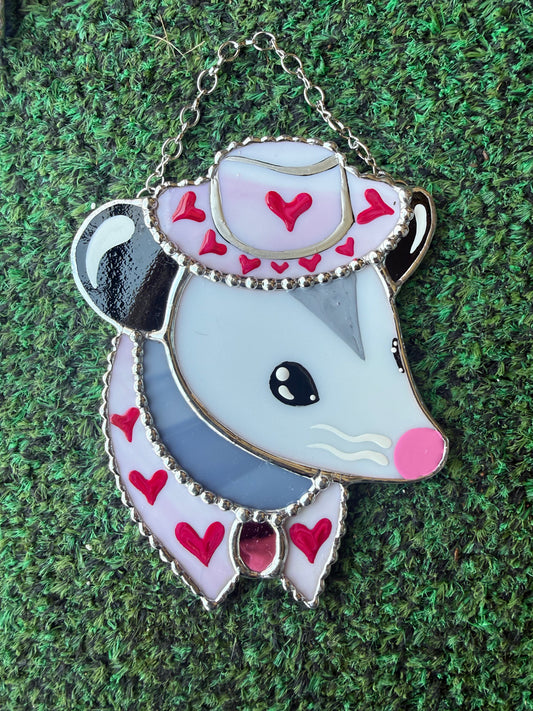 Baby Pink Heart Cowboy Opossum Mini Stained Glass Suncatcher