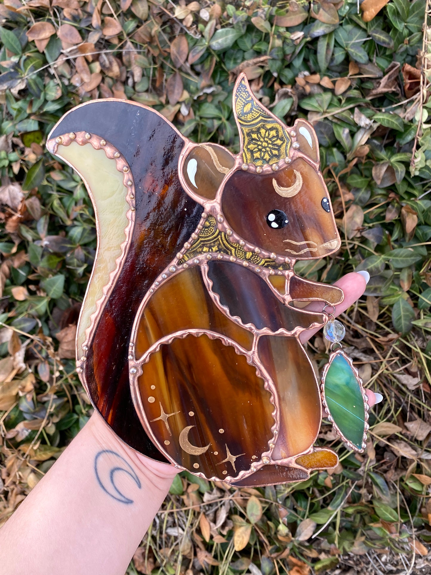 Golden Squirrel Wizard Stained Glass Suncatcher