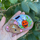 Mini Tan Iridescent Hooded Rat with Pumpkin Stained Glass Suncatcher