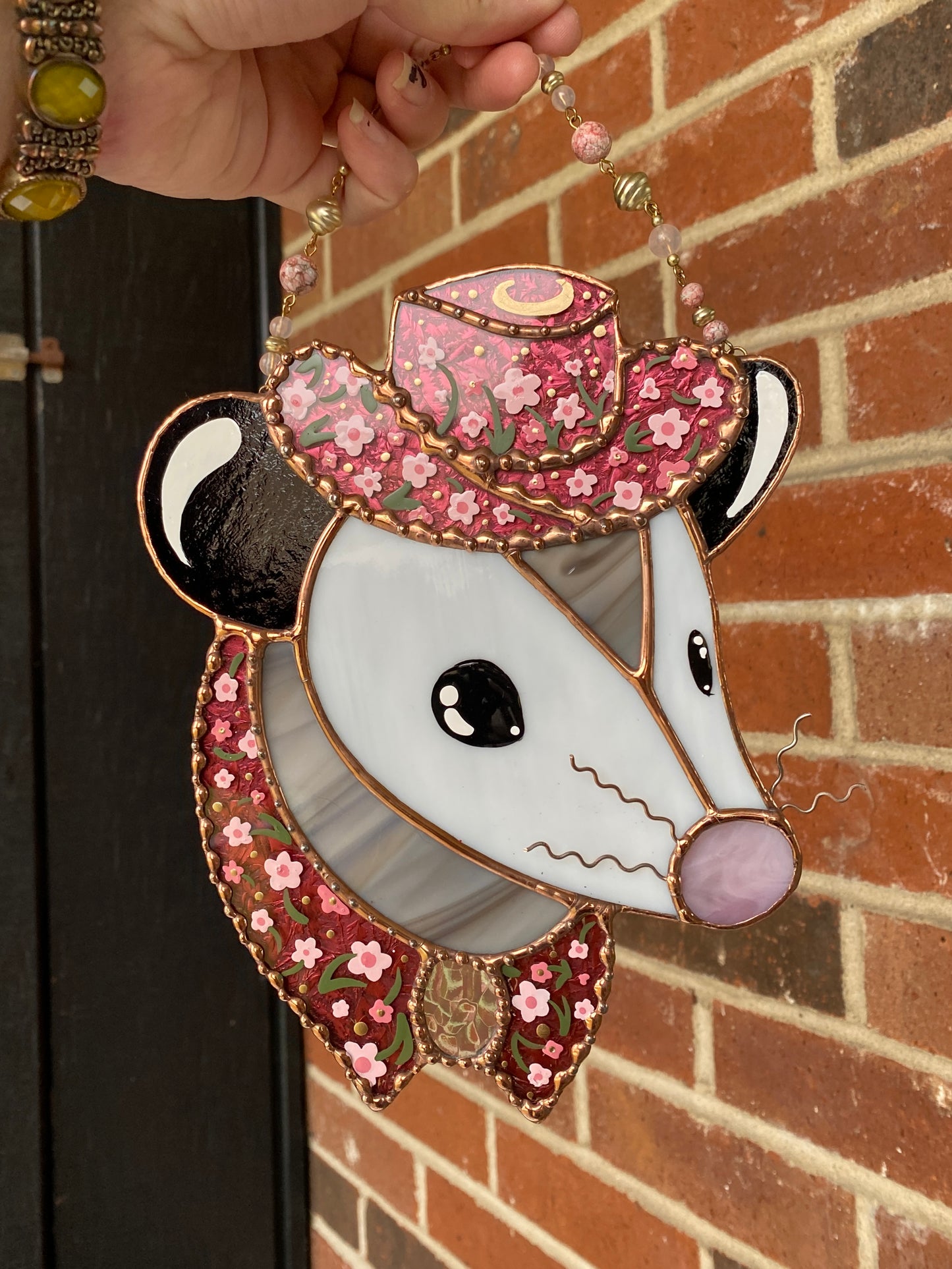 Ornate Floral Cowboy Opossum Stained Glass Opossum