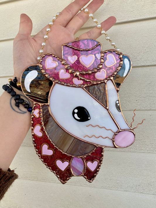 Pink Pony Opossum Stained Glass Suncatcher