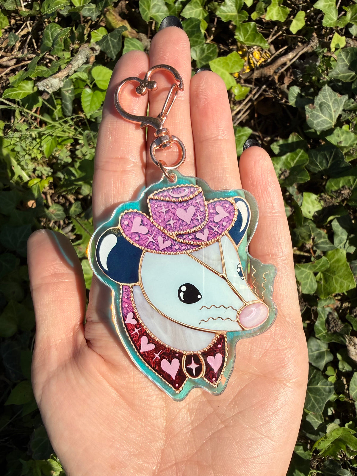 Gold Pink Pony Opossum Holographic Acrylic Bag Charm