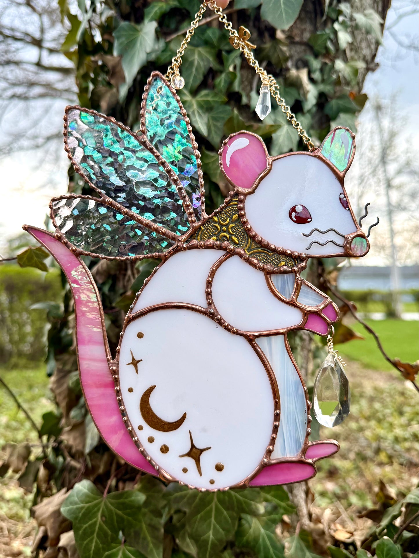 Golden Fairy Rat Stained Glass Suncatcher