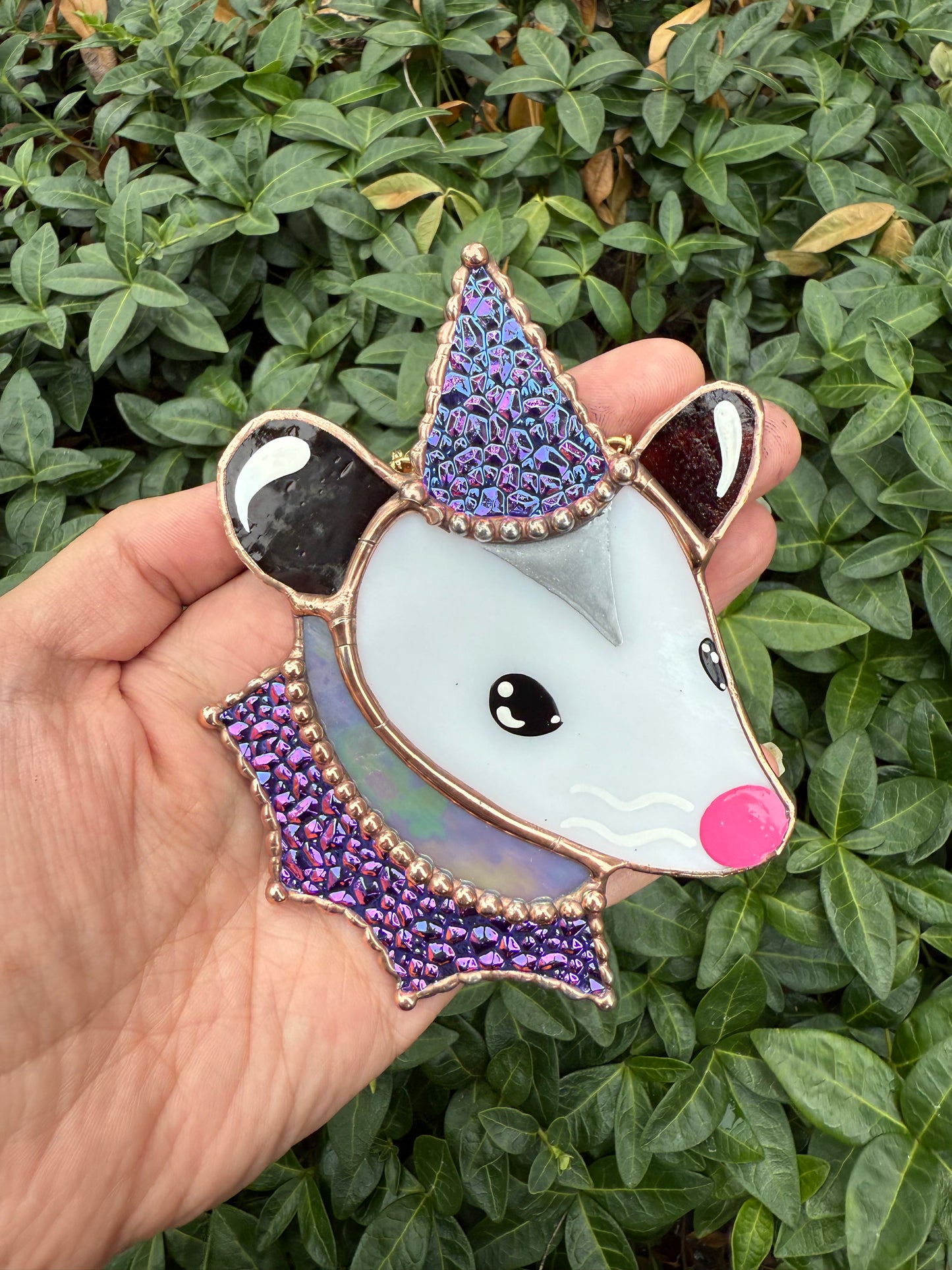 Pink/Purple Stained Glass Opossum Ornament