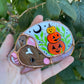 Mini Brown Hooded Rat with Stacked Pumpkins Stained Glass Suncatcher