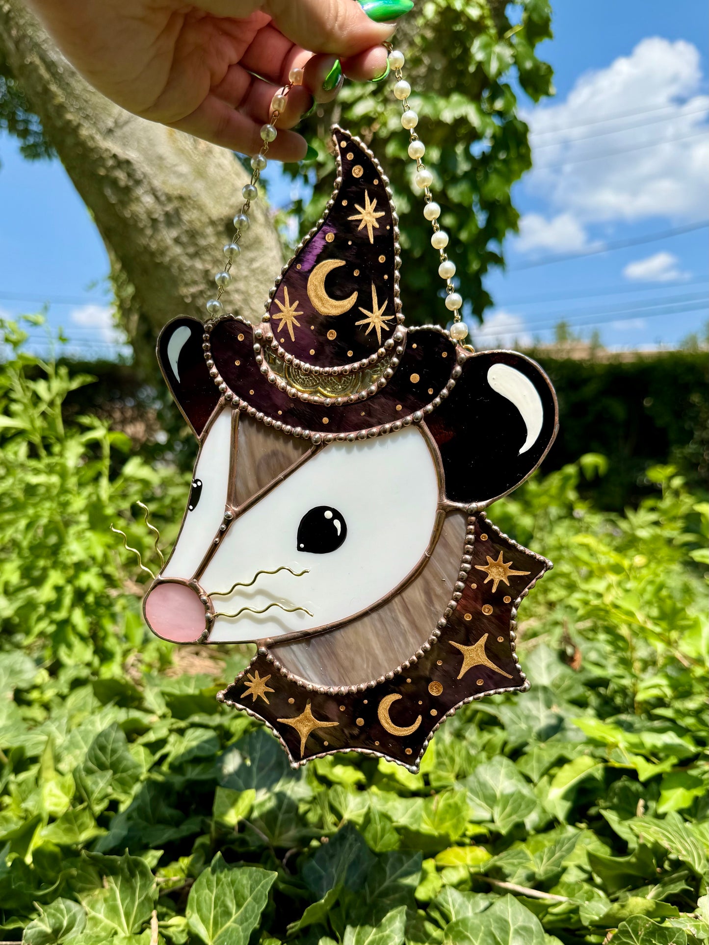 Deep Purple Witch Opossum Stained Glass Suncatcher
