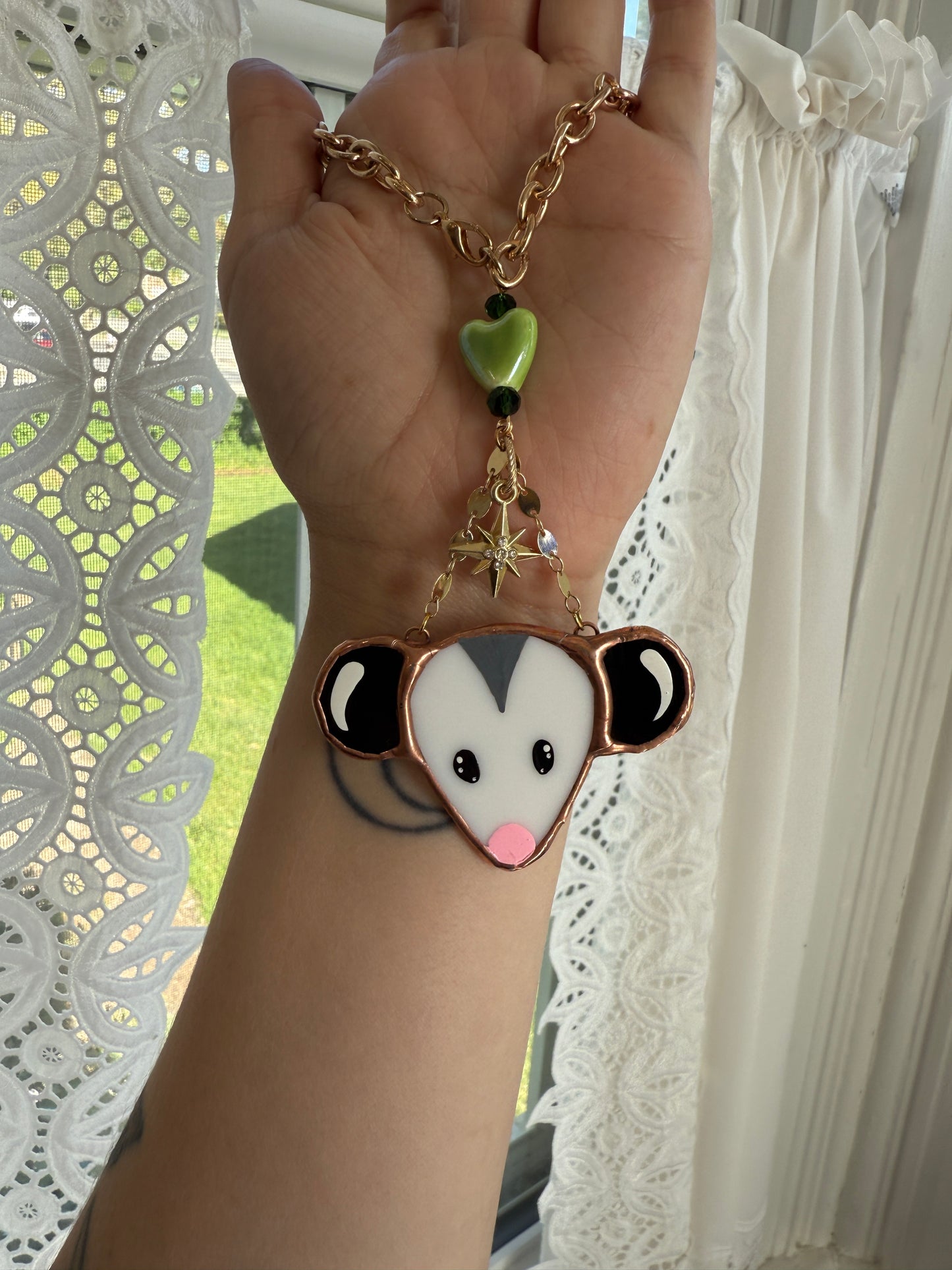 Green Heart Opossum Stained Glass Car Charm